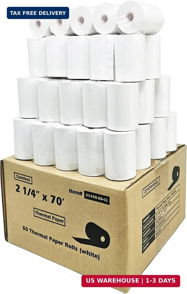 (50 Rolls Coreless) vx520 Special 2 1/4 x 70 thermal paper (2.25 inches x 70ft)