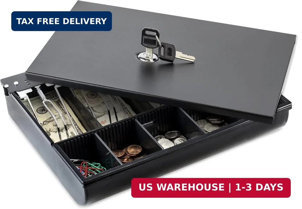 Volcora Cash Drawer Tray with Locking Cover – 11.7 x 10.3 x 2.3 Inch Metal Cash