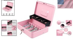 Portable Pink Cash Box with Durable Key Lock & Organized 4 Bill Slots – 11.8″