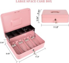 Large Pink Cash Box w/ Lock Key & Money Tray for Cash Register, Event Money Safe