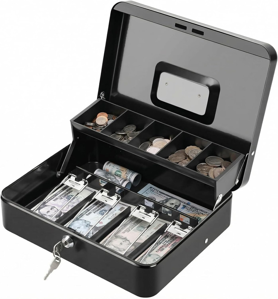 X-Large Locking Cash Box with Key, Money Tray, Safe Box, Money Organizer Black