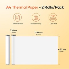 2 Rolls 4.3-inch 110mm Thermal Paper for HPRT MT810 M08F Portable Printers