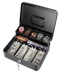 Large Lockable Cash Box with Money Tray & Key, Black, 11.8×9.45×3.54