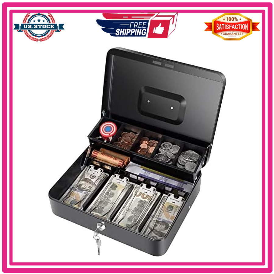 Cash Box with Money Tray Key Lock XL 11.8×9.45×3.54 Black Money Storage