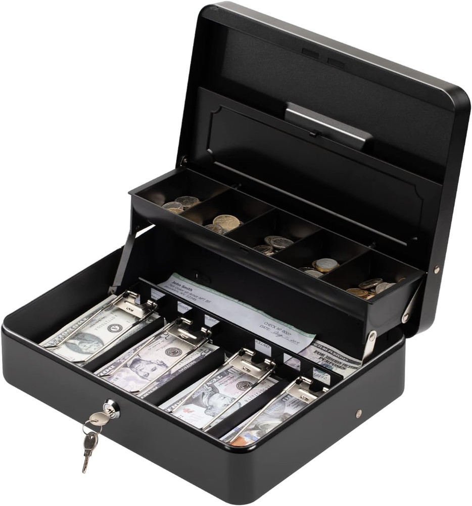 Cash Box with Key Lock: anti Theft Safe Lock Box with Money Tray 4 Bill 5 Coin I