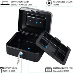 Medium Black Cash Box with Key Lock & Money Tray – 7.87″ x 6.30″ x 3.54″