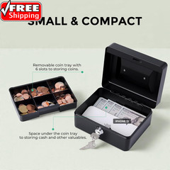 Small Cash Box with Money Tray and Lock, Metal Cash Lock Box with Key, Petty Cas