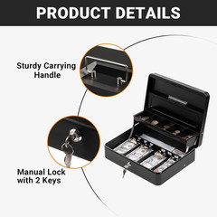 Cash Box with Key Lock: anti Theft Safe Lock Box with Money Tray 4 Bill 5 Coin I
