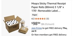 12 Rolls 3 1/8″ x 170′ Sticky Thermal Receipt Paper Linerless Label (80mm)…