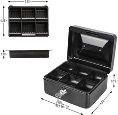 Cash Box with Money Tray, Small Money Box with Key Lock, 6″ x 4 4/5″ x 3″, Black