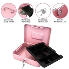 Pink Medium Metal Cash Box Money Tray 5 Compartment Key Lock 7.79×6.30 Inch