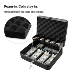 Secure Cash Box with Key Lock – Steel, Spill-Proof Foam Tray, No-Pinch Bill Clip