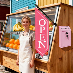 Locking Cash Box with Key & OPEN Flag Banner Kit for Retail or Farm Stand