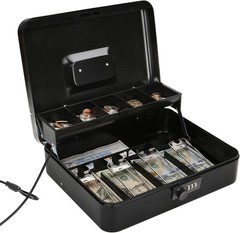 Spacious Locking Cash Box with Security Cable & Compartment Tray for Valuables