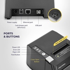 Volcora Thermal Receipt Printer, 80mm USB/Ethernet POS QR Code Printer with A…
