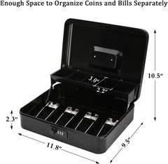 Spacious Locking Cash Box with Security Cable & Compartment Tray for Valuables