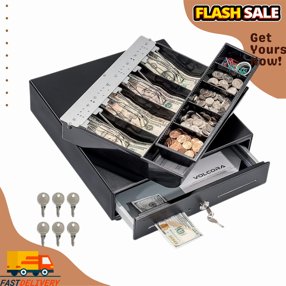 13″ Cash Register Drawer for POS System, 2-Tier Tray, 4 Bill 5 Coin, Key-Lock