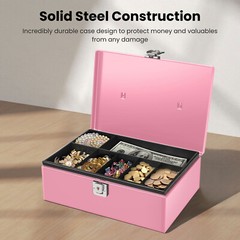 Cash Box with Money Tray and Lock – Pink Cash Storage with Latch Lock & Key