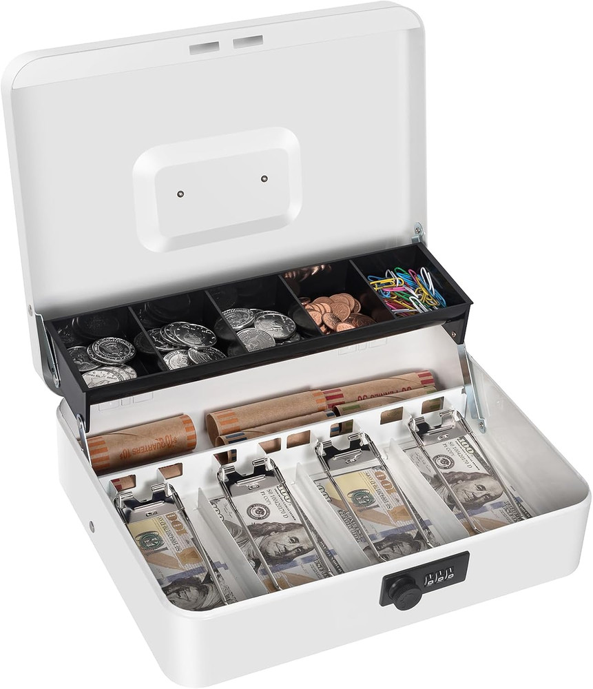 Cash Box with Combination Lock, Metal Money Box for Cash Register, Large Cash Lo