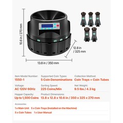 Uimoso Automatic Coin Counter & Sorter,5Denominations,225 Coins/Min, LCD Display