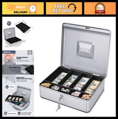 Secure Metal Cash Box with Lock – 9-Compartment Money Tray for Small Business, P