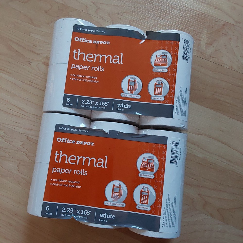 New 2 Packs Of 6 Each (12) Office Depot White Thermal Paper Rolls 2-25″ x 165′
