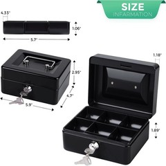 Small Cash Box with Money Tray and Lock, Metal Cash Lock Box with Key, Petty Cas