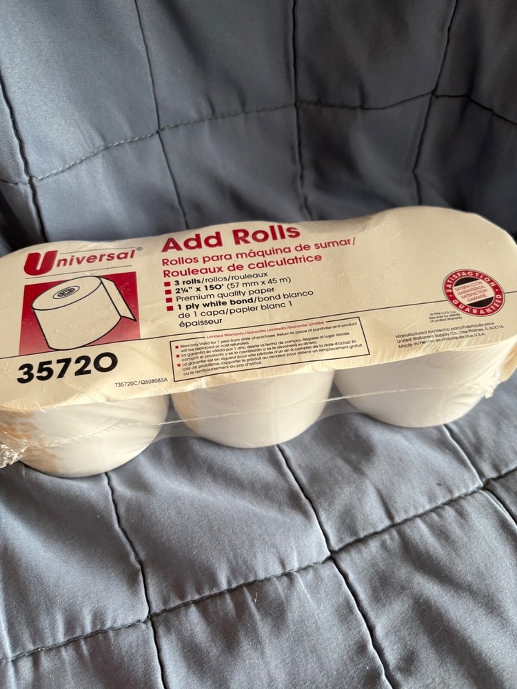 UNIVERSAL ADD ROLLS 3 COUNT 2 1/4″X 150′ 1 PLY WHITE – NEW