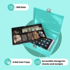 Cash Box with Money Tray and Lock – Blue Cash Storage with Latch Lock & Key