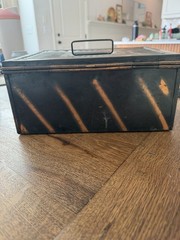 Vintage American Steel Cash Box Black Orange Stripe Industrial Read Description