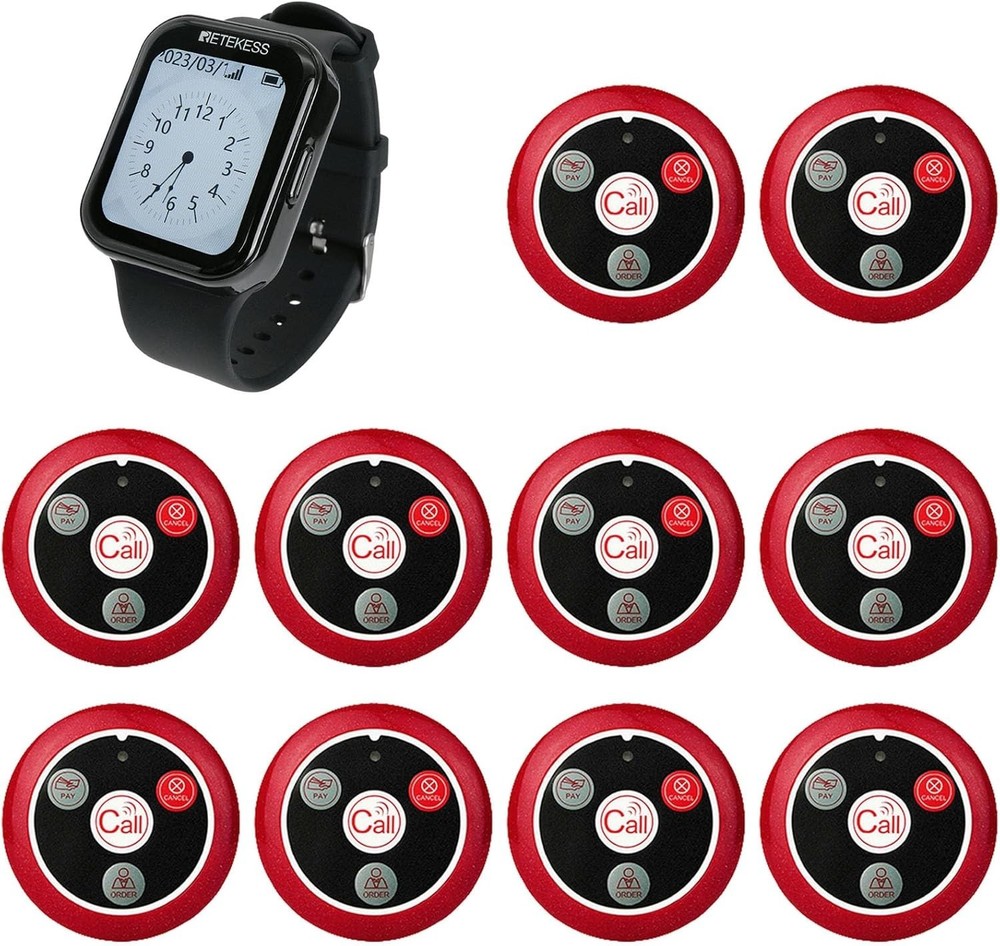 Restaurant Wireless Pager Calling System Waiter Watch & 10 Call Buttons Cafe Bar