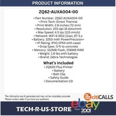 Zebra ZQ62-AUXA004-00 ZQ620 Plus Direct Thermal Printer 3″ WiFi 6 BT 5.x Mobile