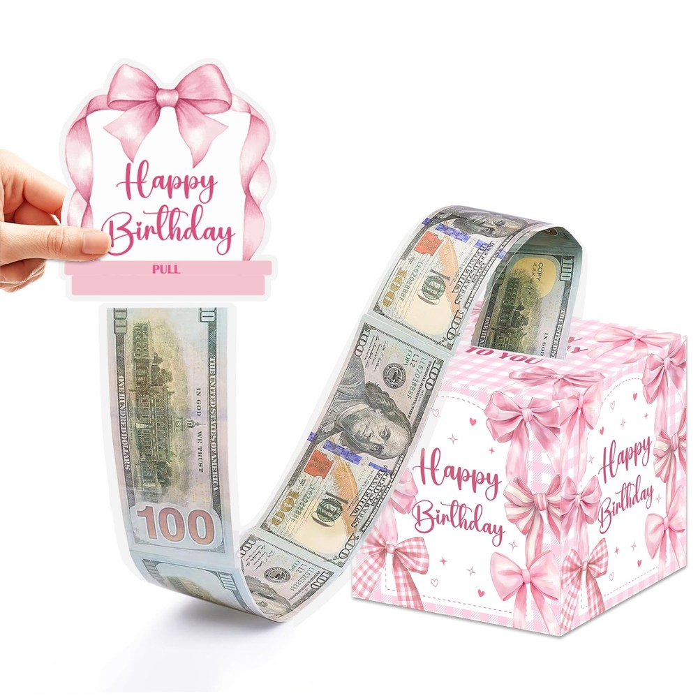 Pink Bow Birthday Money Box for Cash Pull, Happy Birthday Boxes Gifts for Mon…