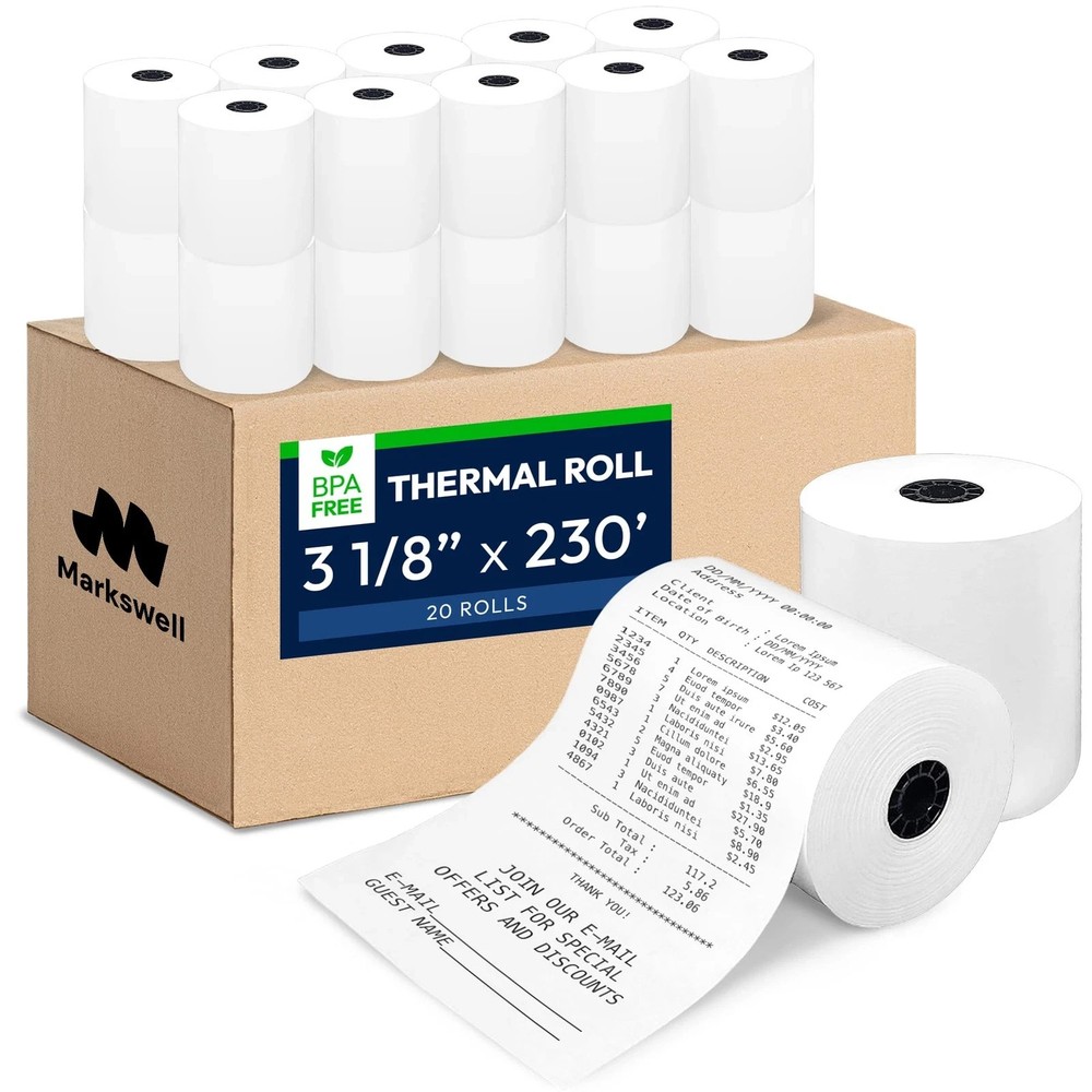 Thermal Paper 3 1/8″ x 230′, 48 GSM Safe, POS Register Tape (20 Rolls)