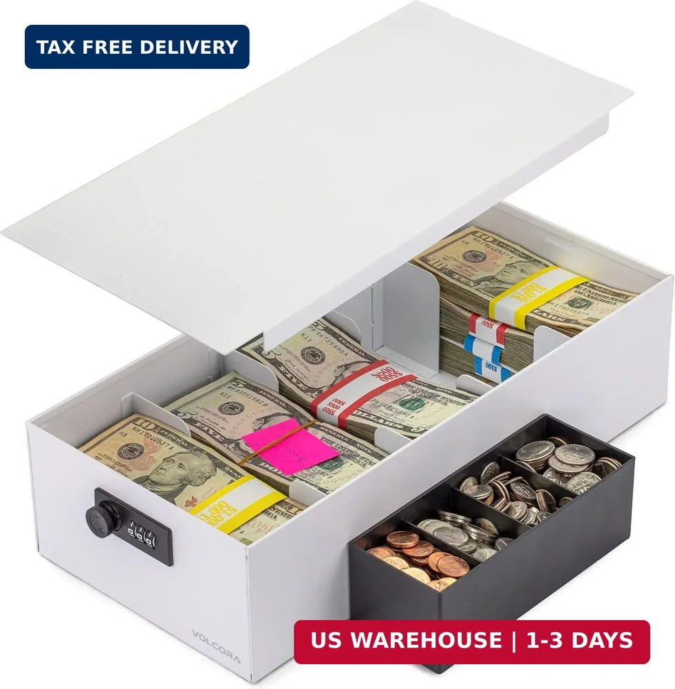 Volcora Cash Box Money Organizer – 15″ x 7.5″ x 4″ Cashbox 5 Compartments Drawer