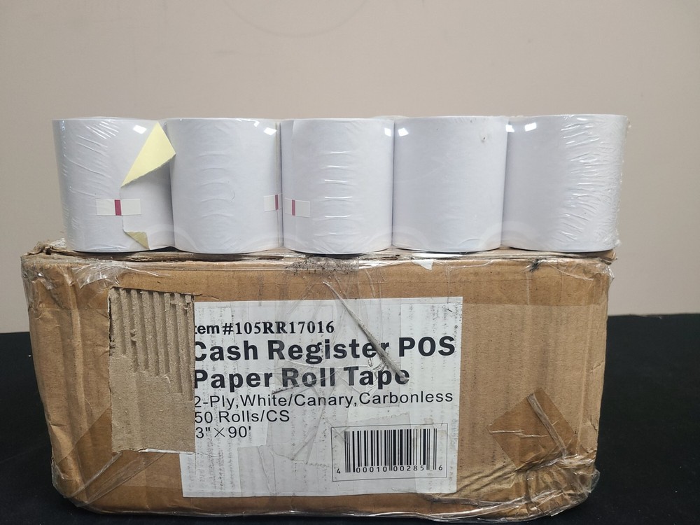 (50/Case) 3″ x 90′ Bulk White Carbonless 2-Ply Cash Register POS Paper Roll Tape