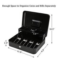 Large Cash Box with Key Lock & Money Tray – Secure Cash Organizer, 11.8″ x 9.5″