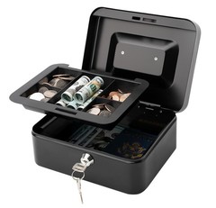 Medium Steel Cash Box with Money Tray, Lock Box, Black