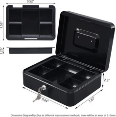 Secure Large Metal Cash Box with Lock & Tray – 9.84″x7.87″x3.54″ Black