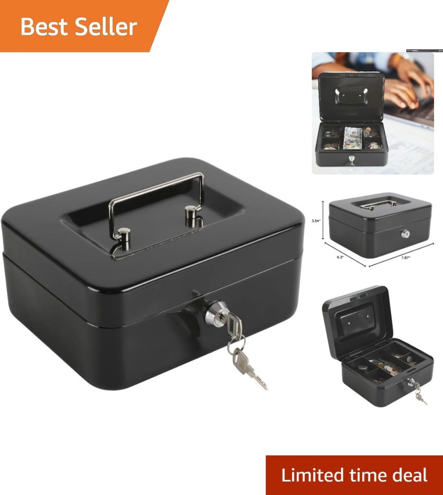 Versatile Locking Cash Box – Medium Size, Removable Tray, Key Access, Black