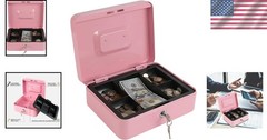 Portable Pink Cash Box with Key Lock & Removable Tray – Ideal for Home & Travel