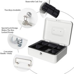 Locking Large Metal Cash Box with Money Tray, Lock Box, White