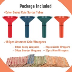 Coin Sorter with Coin Wrappers for All Coins, 4 Coin Sorter Tubes Plastic with 1
