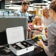 Locking Large Metal Cash Box with Money Tray, Lock Box, White