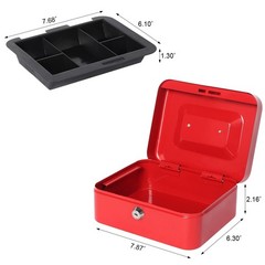 Small Metal Cash Box Money Tray Key Lock 7.87×6.3×3.54 Inch Safe Lockbox Red