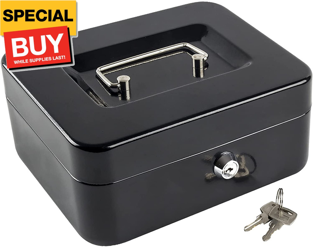 Medium Cash Box with Money Tray,Small Safe with Key,7.87″x 6.30″x 3.54″ Black