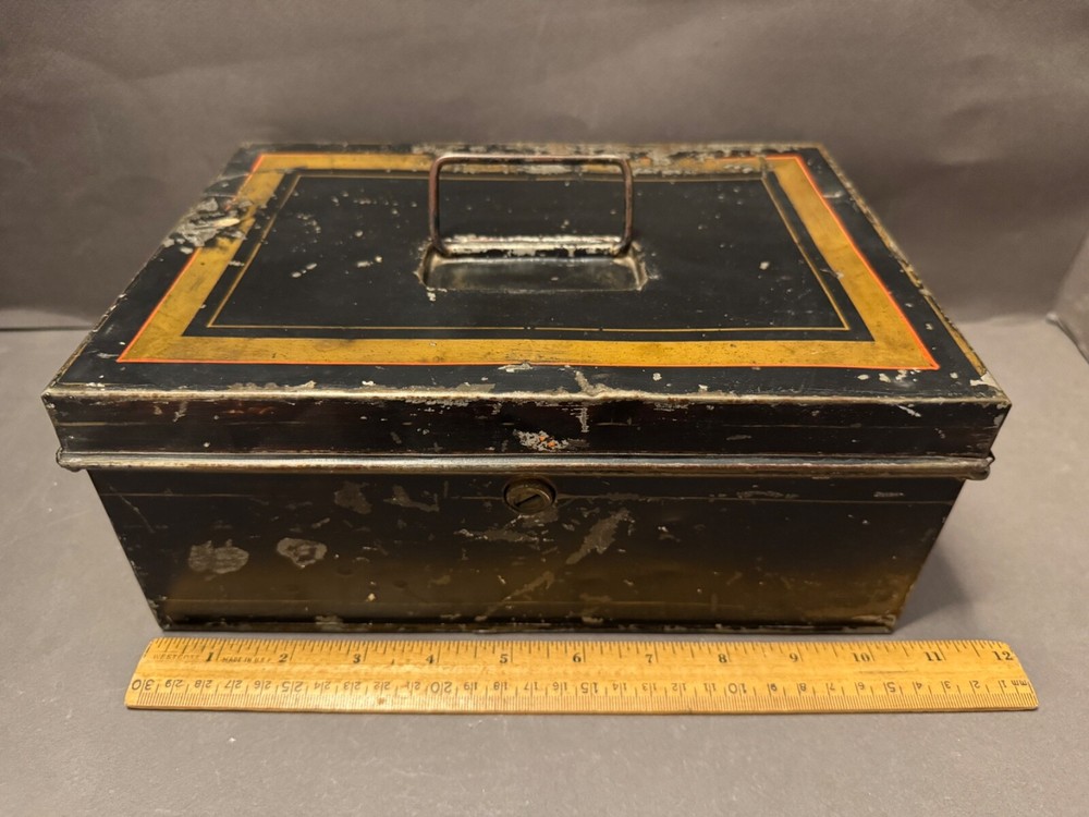 BLACK TIN METAL CASH DOCUMENT COLLECTORS BIN LOCK BOX NO KEY FOR PART/REPAIR VTG