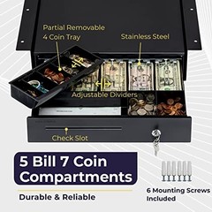 Cash Register Drawer 16 Inch Black 5 Bill 6 Coin Tray Under Counter Mount