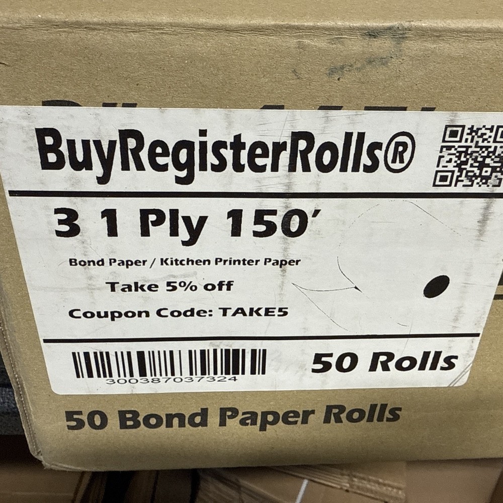 3″ x 150′ 1-Ply Bond Kitchen/Receipt POS Paper Rolls (50 rolls) BRR3165