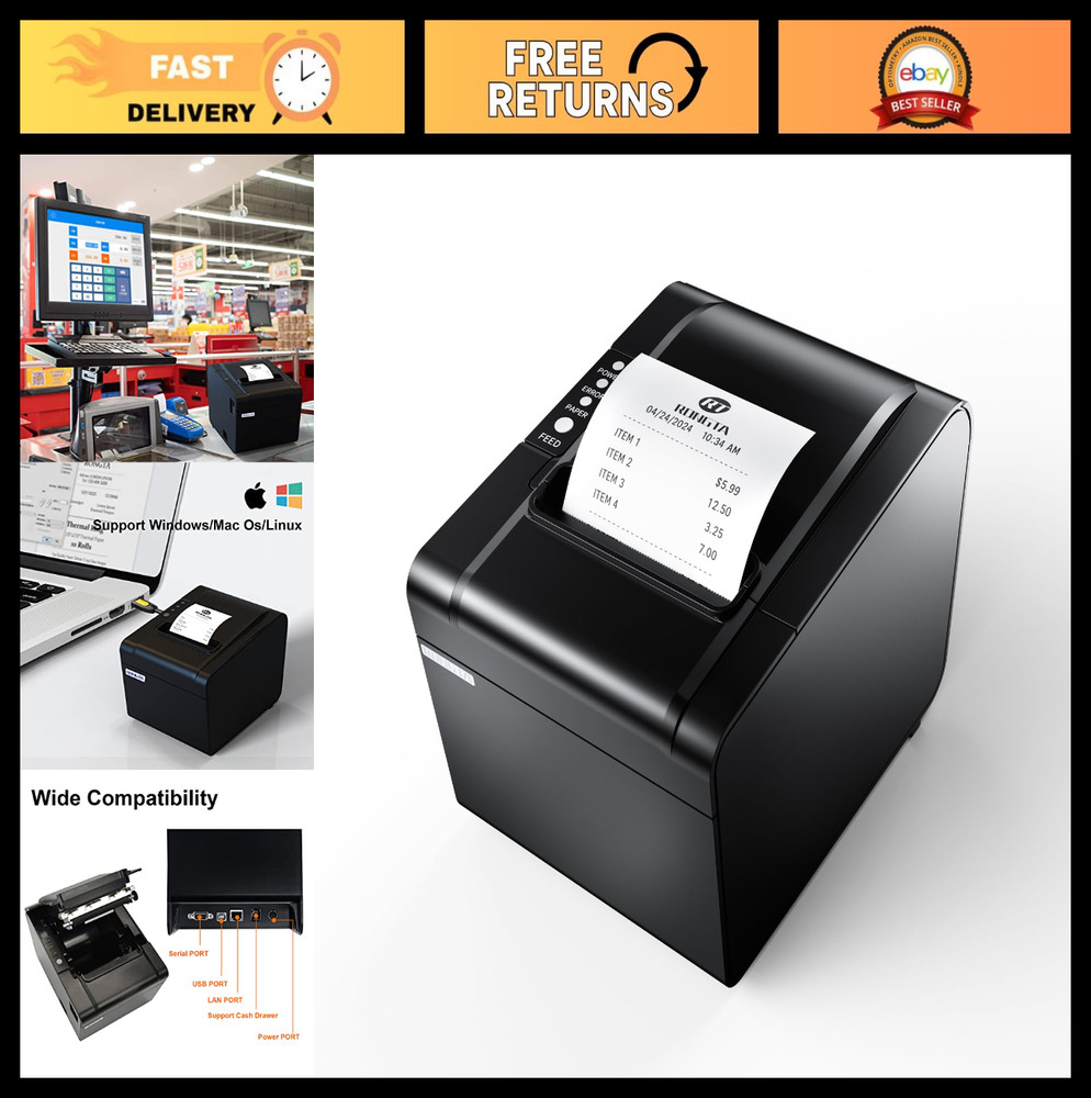 80mm USB Thermal Receipt Printer – Restaurant Kitchen POS Printer, Auto Cutter,